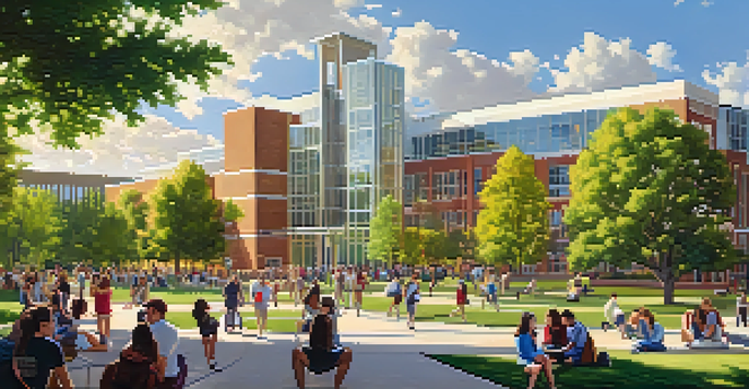 A lively university campus in Denver with students studying, collaborating, and engaging in outdoor activities under a clear sky.