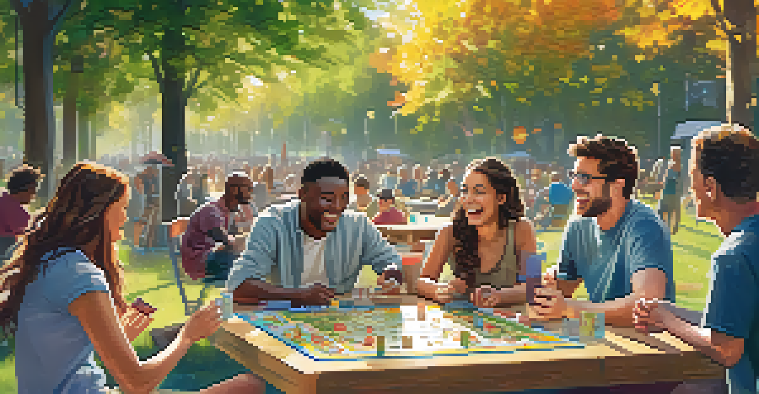 An outdoor tabletop gaming event in a park with diverse participants enjoying games on picnic tables under sunlight.