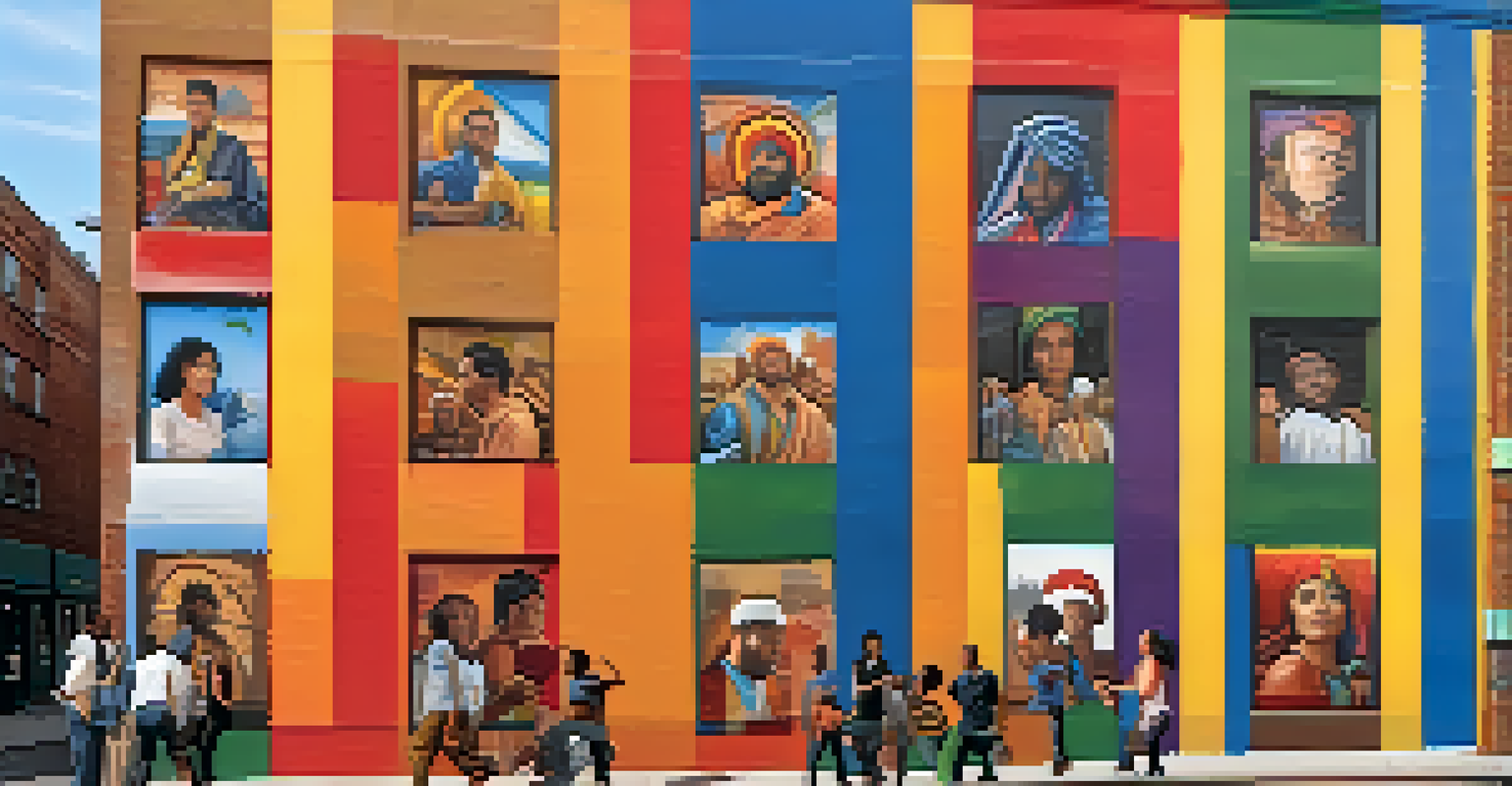 A large mural showcasing cultural symbols and faces, representing unity in a vibrant community, with people admiring it in an urban setting.
