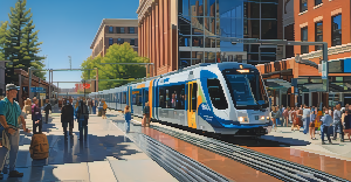A busy Denver light rail station filled with commuters, a modern train, and the Rocky Mountains in the background under a clear sky.