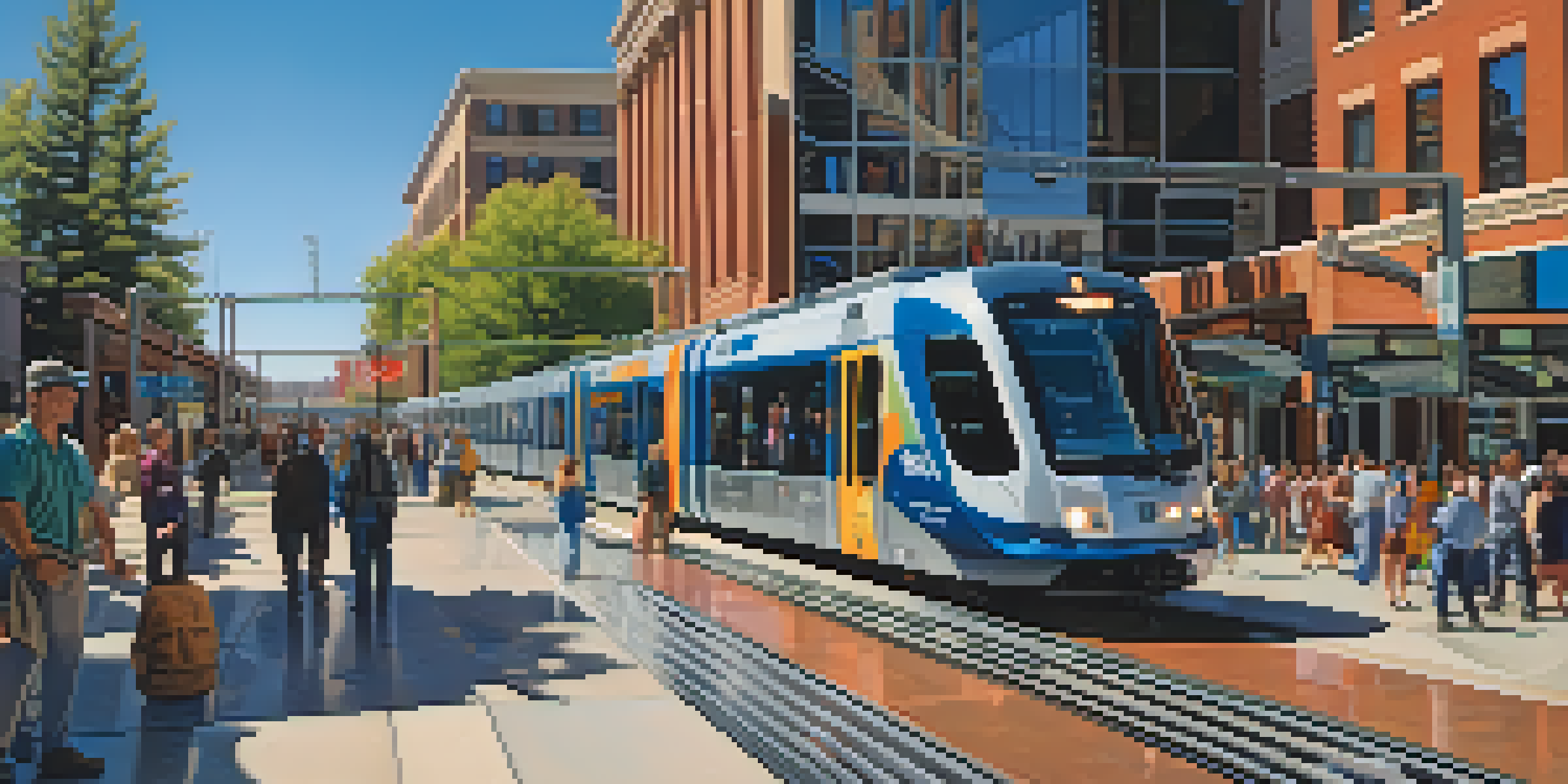 A busy Denver light rail station filled with commuters, a modern train, and the Rocky Mountains in the background under a clear sky.