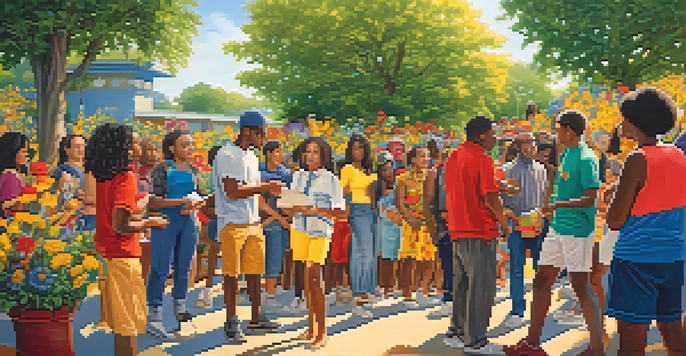 A community mural with diverse artists collaborating in a park, surrounded by greenery and flowers, painted in bright colors.