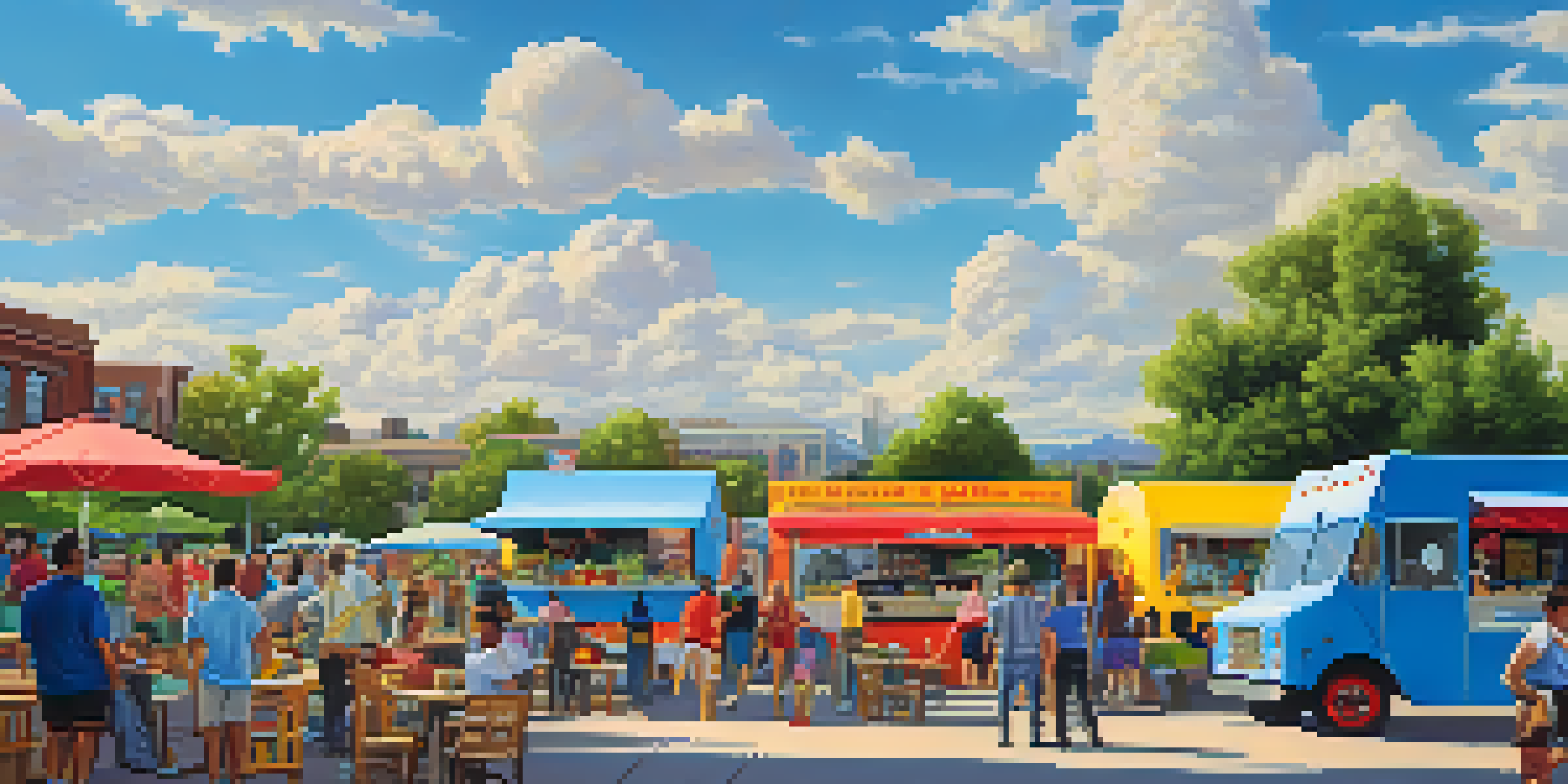 A bustling food truck park in Denver with colorful trucks and diverse people enjoying meals at picnic tables in a green setting.