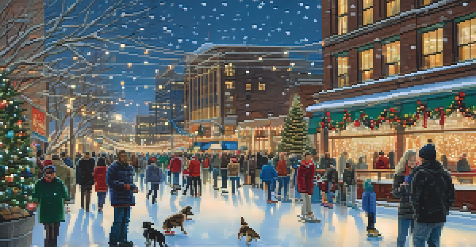 A festive winter scene in downtown Denver with an ice skating rink, holiday lights, and people enjoying winter activities in a snowy setting.