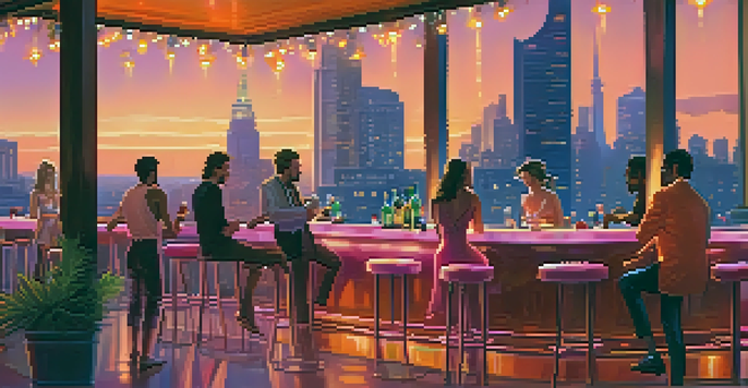 A rooftop lounge with people enjoying drinks at sunset, live music in the background, and a glowing city skyline.