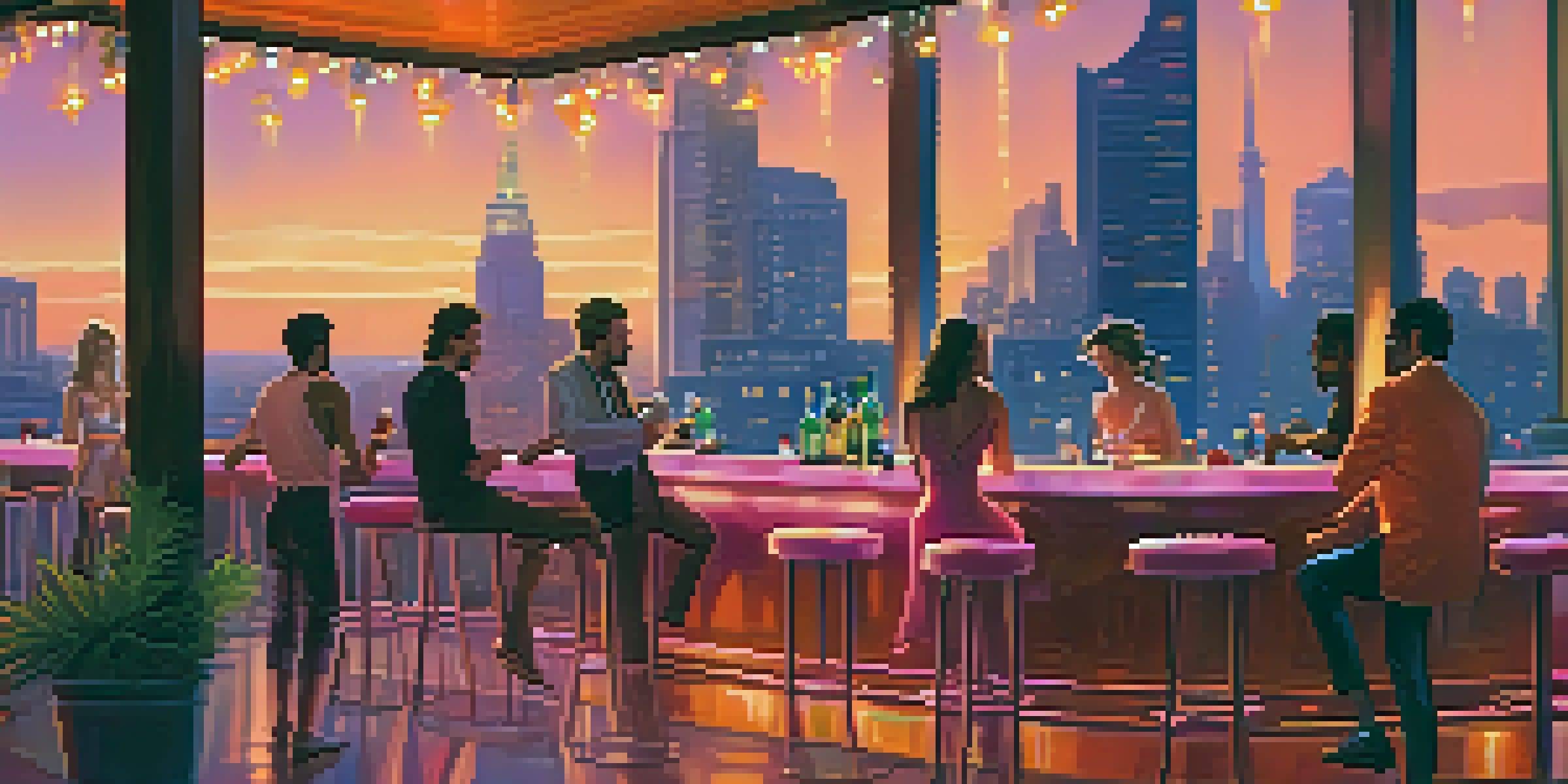 A rooftop lounge with people enjoying drinks at sunset, live music in the background, and a glowing city skyline.