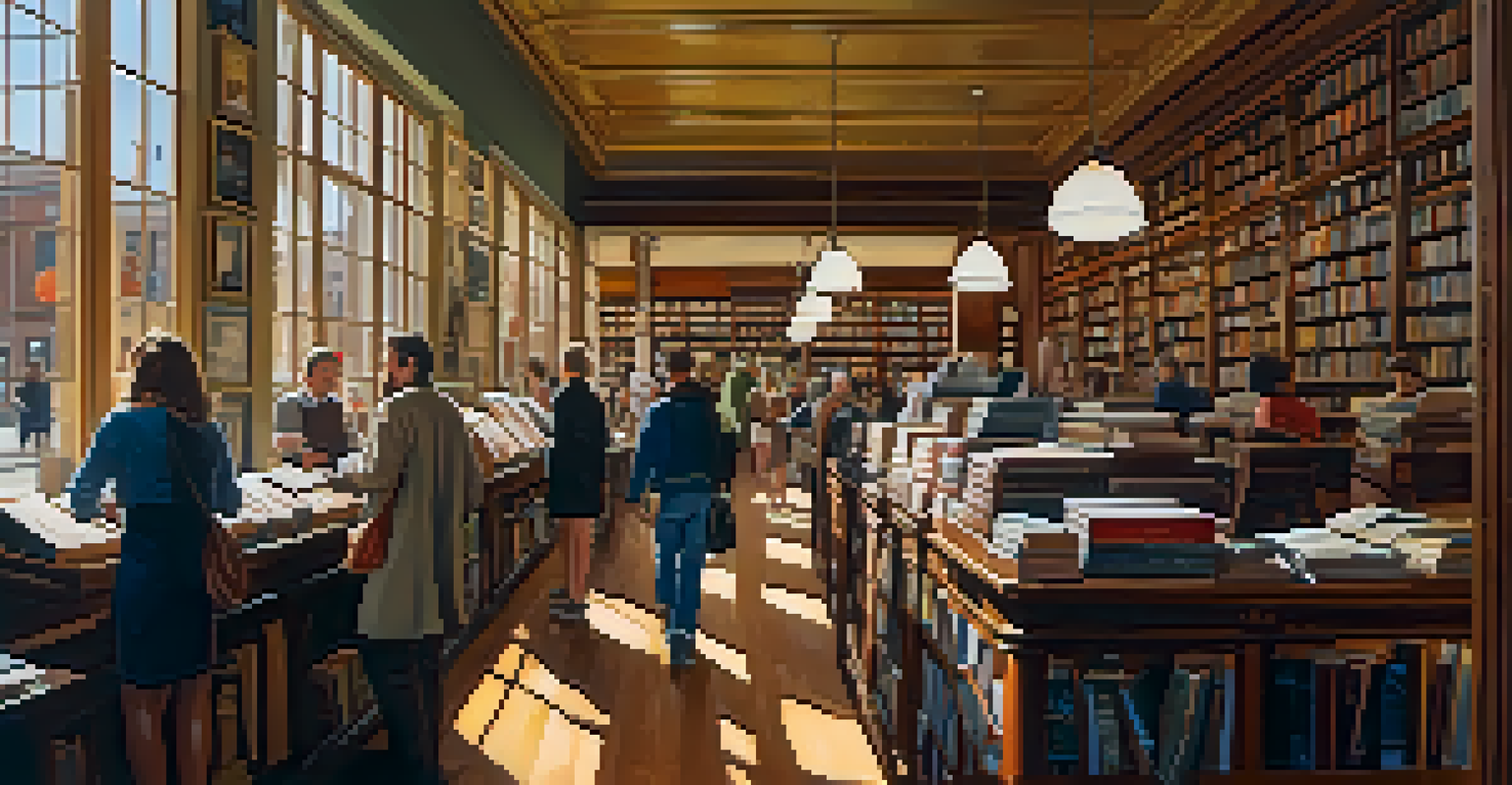 A vibrant interior of a historic bookstore in Denver, filled with people browsing books under warm sunlight, showcasing vintage decor and local art.