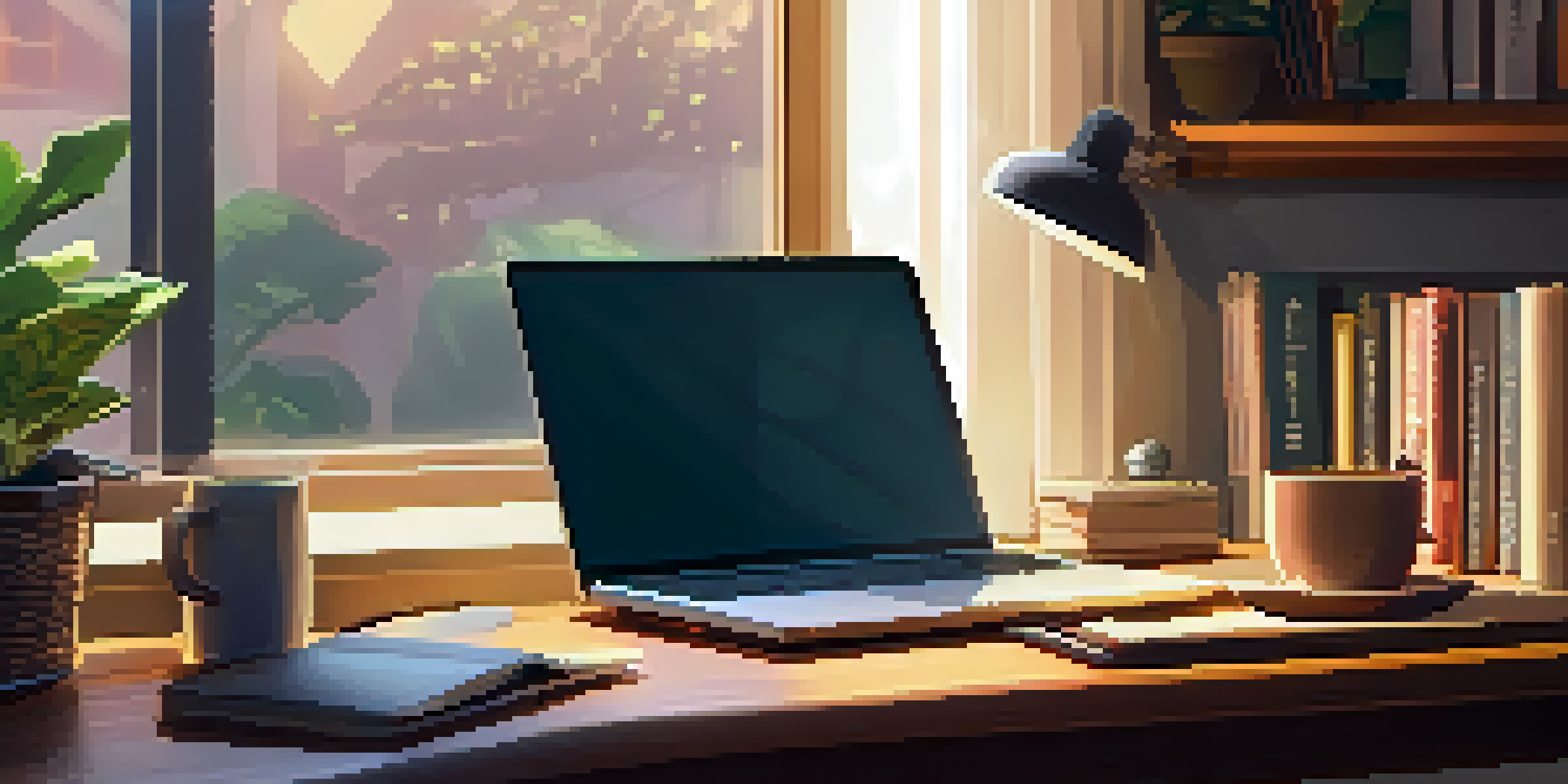 A warm and inviting home office with a laptop, books, coffee, and a plant, illuminated by soft daylight.