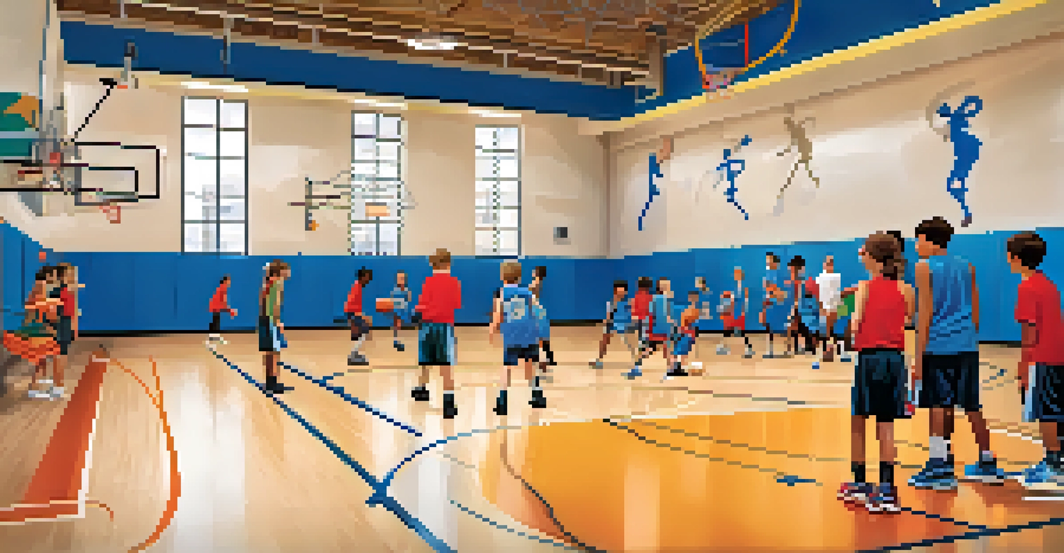 A coach demonstrating basketball shooting techniques to children on an indoor court.