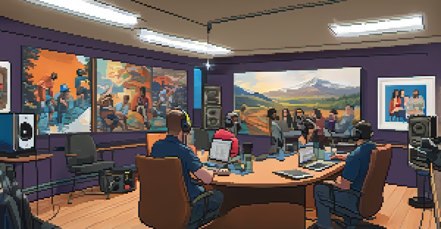 A podcasting studio with diverse individuals discussing animatedly, surrounded by microphones and artwork that reflects Denver's culture.