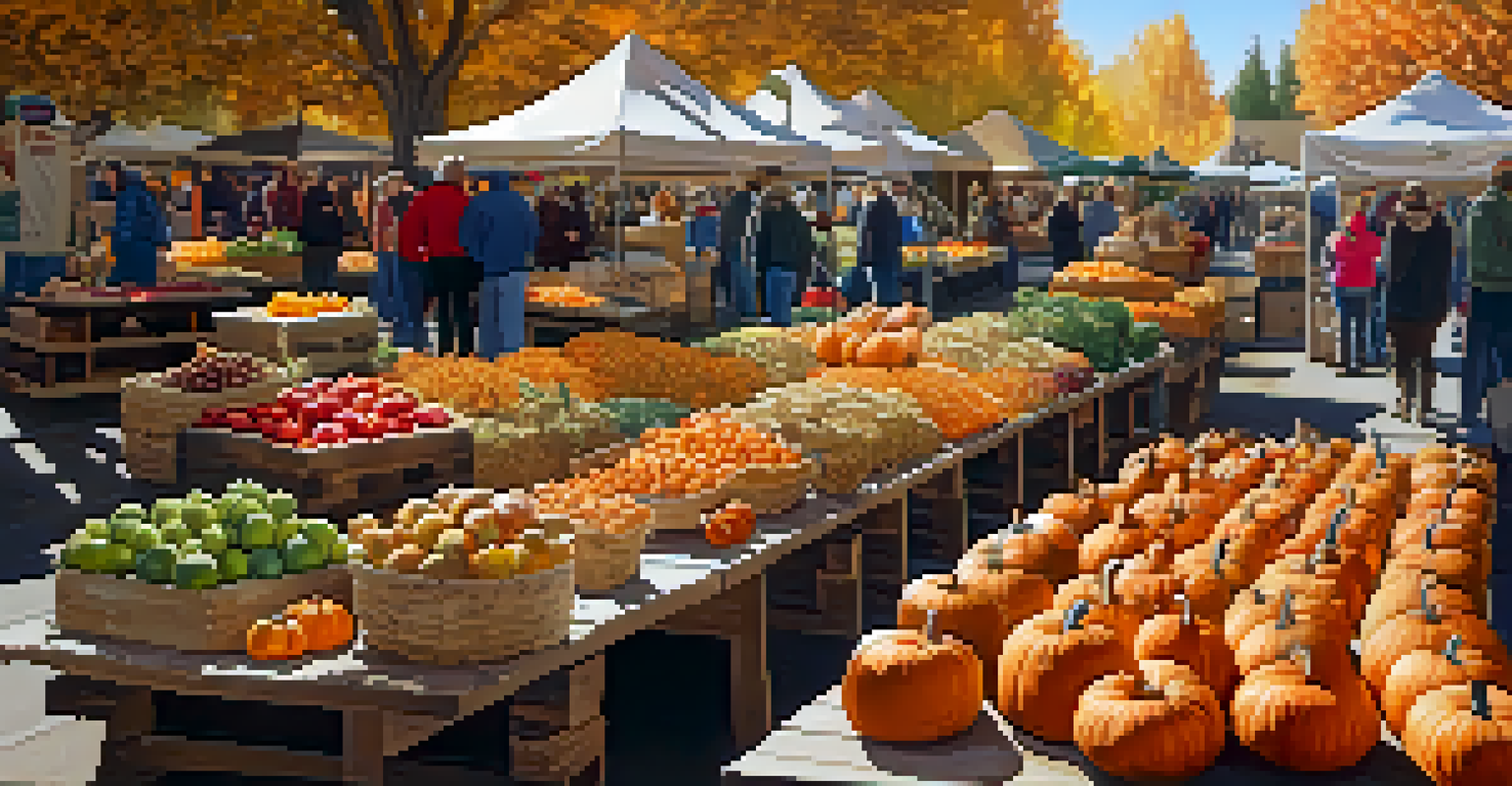 An autumn farmers market with pumpkins, apples, and root vegetables under warm lighting.