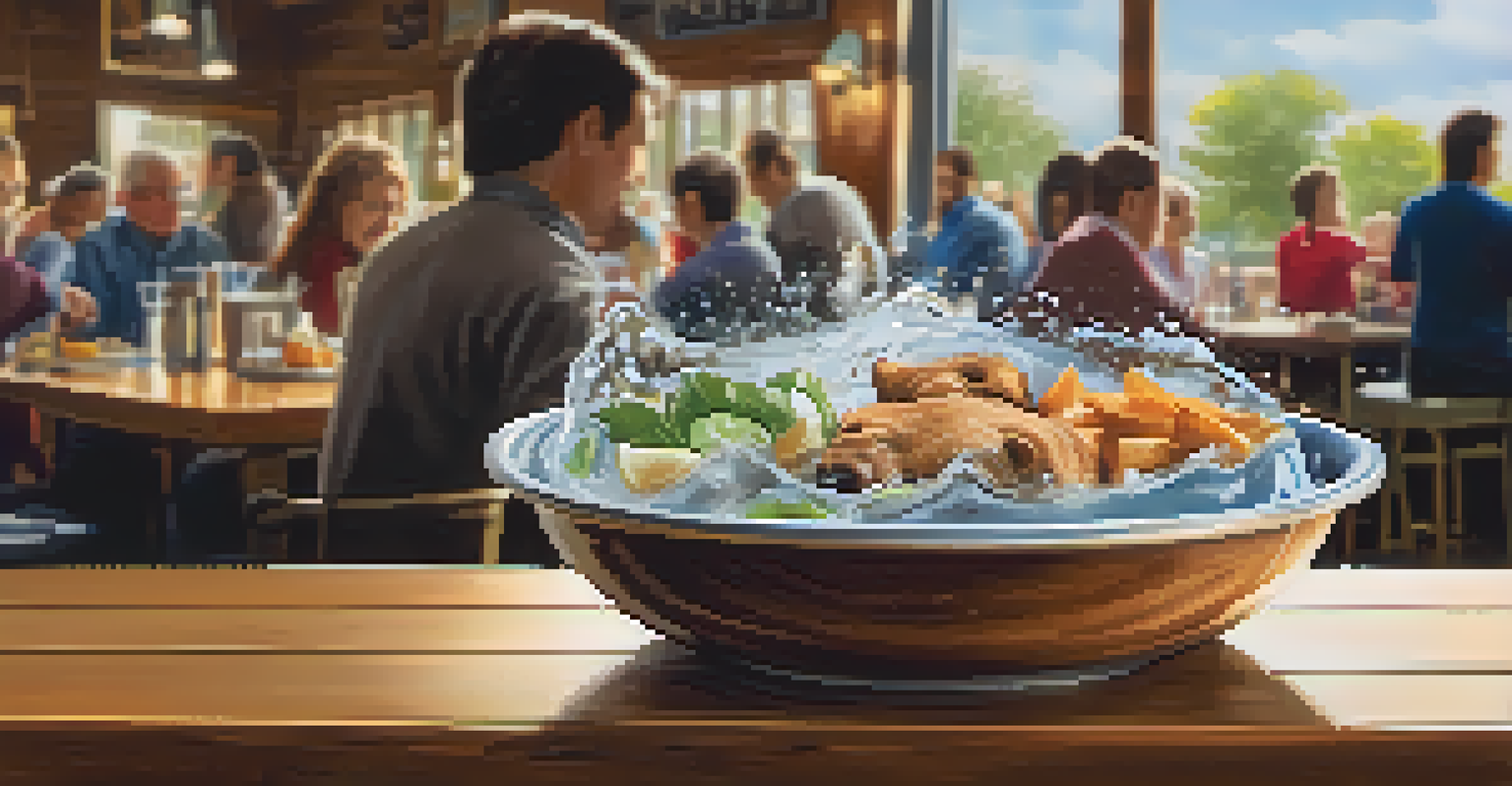 A dog bowl filled with water on a wooden table at a restaurant, with a puppy visible in the background.