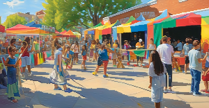 A lively community art festival with people of diverse backgrounds engaged in art activities, surrounded by colorful banners and installations.