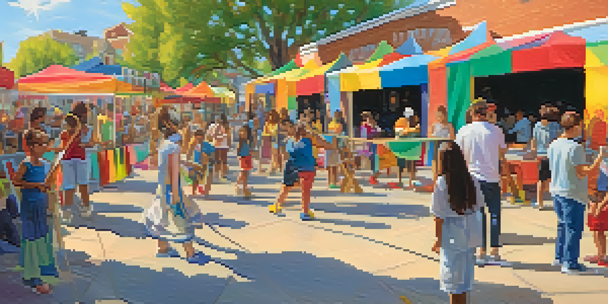 A lively community art festival with people of diverse backgrounds engaged in art activities, surrounded by colorful banners and installations.