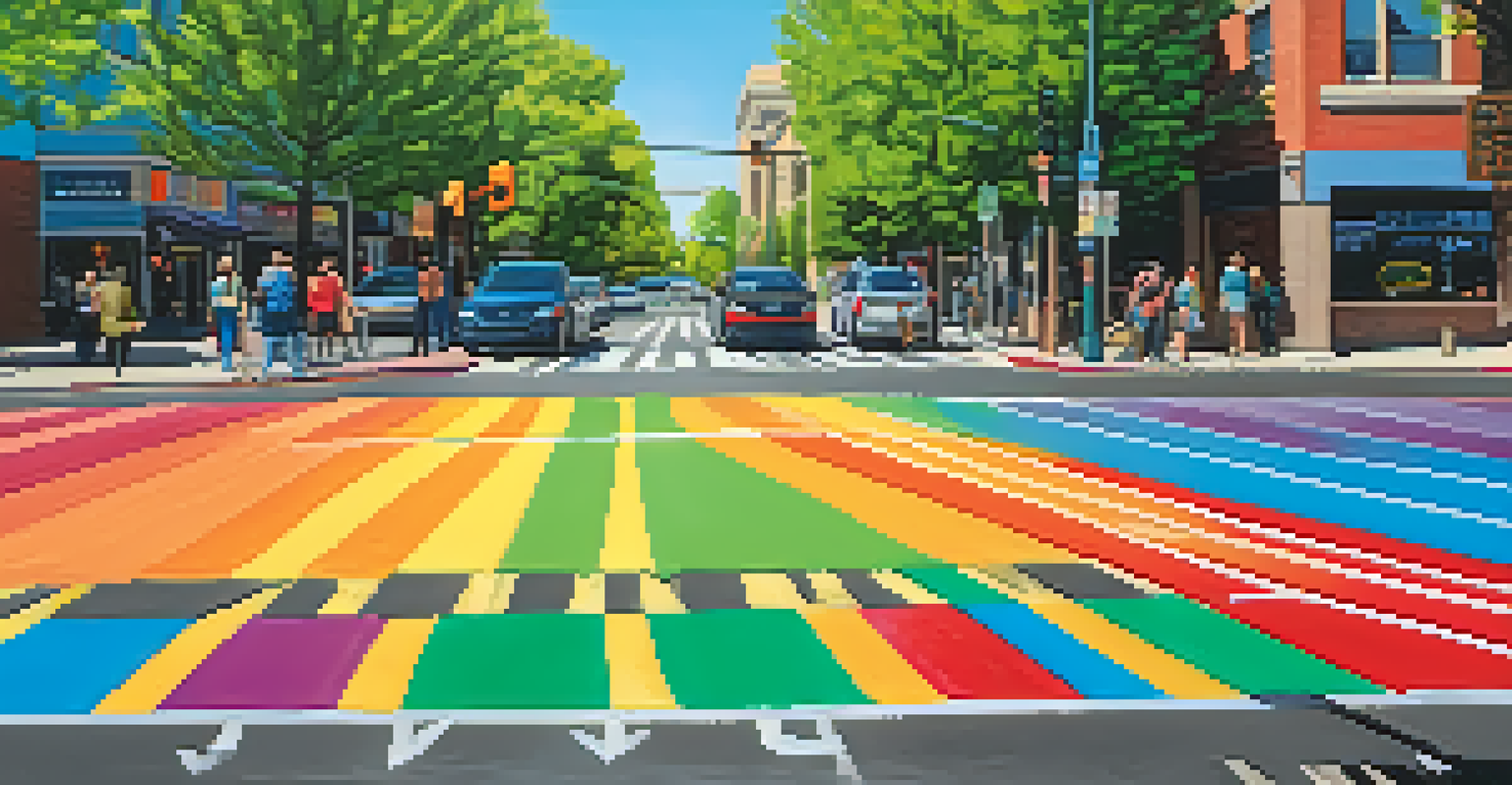 A view of the Rainbow Crosswalks in Capitol Hill, Denver, with colorful pedestrian crossings and trees under a clear blue sky, representing inclusivity and pride.