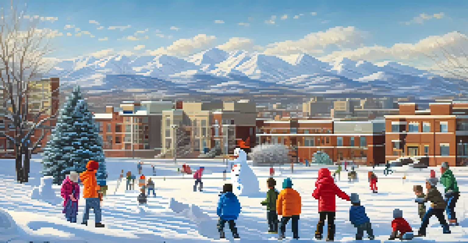 A snowy winter day in Denver, with children playing in the snow and the city skyline visible in the background, illuminated by bright sunlight.