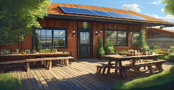 A local brewery with a rustic design, featuring a table of local ingredients and solar panels on the roof, surrounded by a garden.