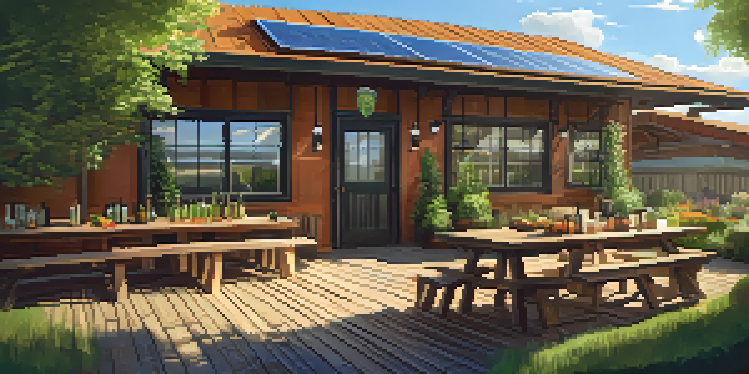 A local brewery with a rustic design, featuring a table of local ingredients and solar panels on the roof, surrounded by a garden.