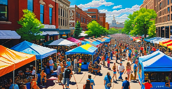 A lively art festival in Denver with colorful tents and diverse crowds, artists creating art, and street musicians, all under a bright blue sky.