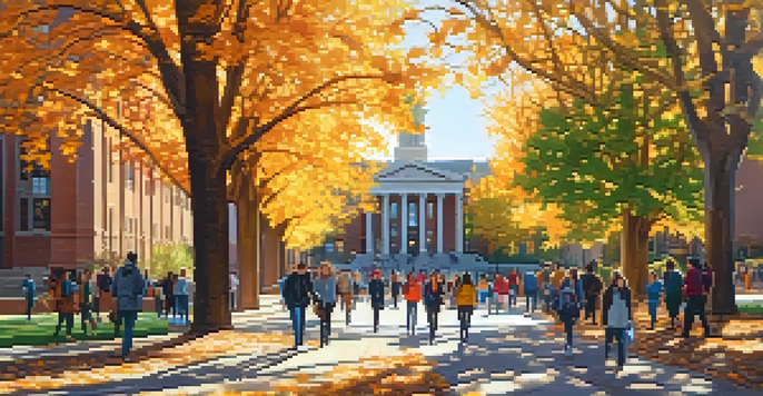 A lively college campus in Denver with students walking among autumn leaves and university buildings under bright sunlight.
