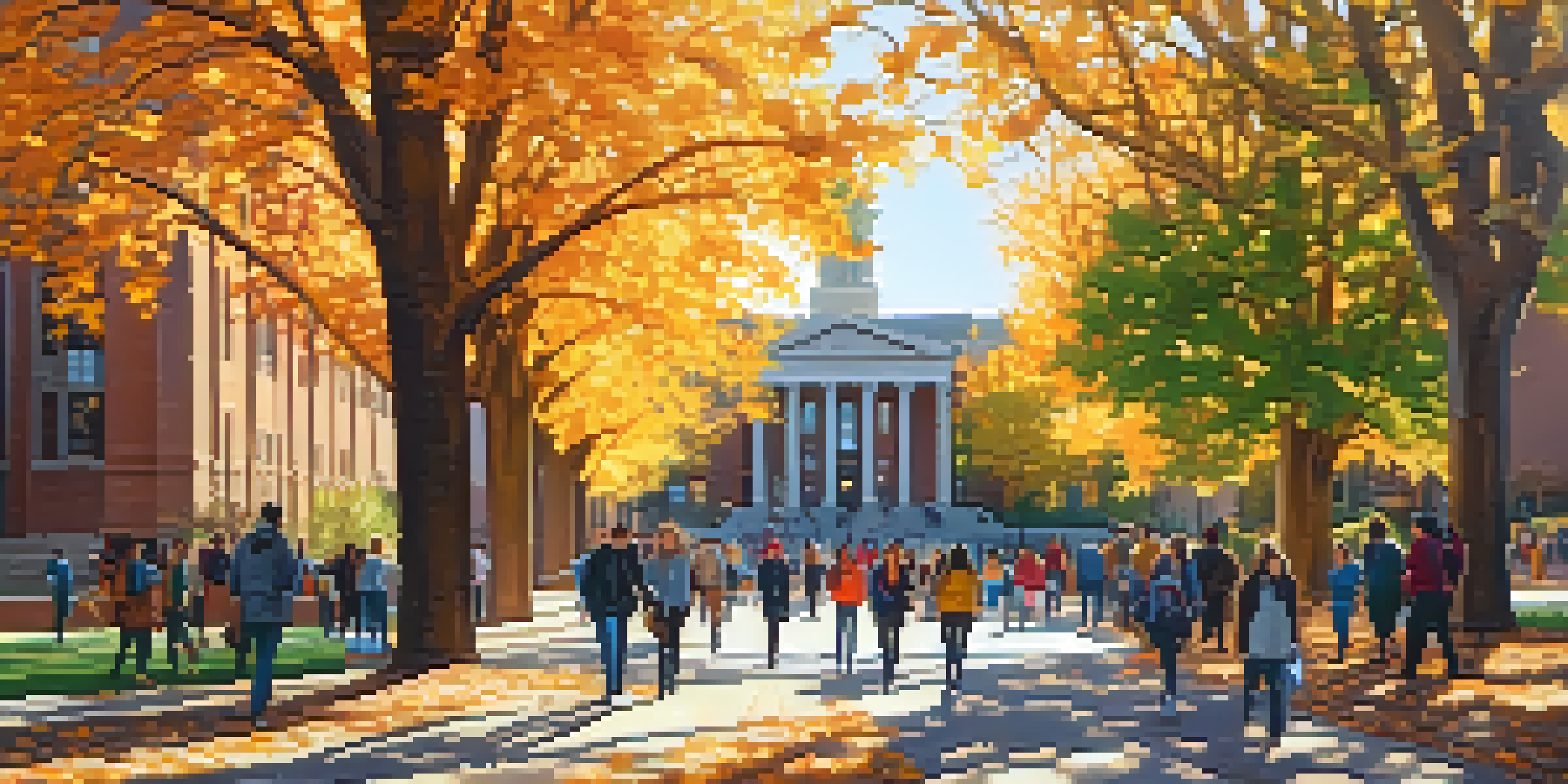 A lively college campus in Denver with students walking among autumn leaves and university buildings under bright sunlight.