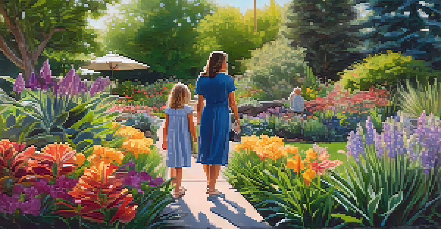 A family enjoying the lush landscapes of the Denver Botanic Gardens, surrounded by colorful flowers and greenery.