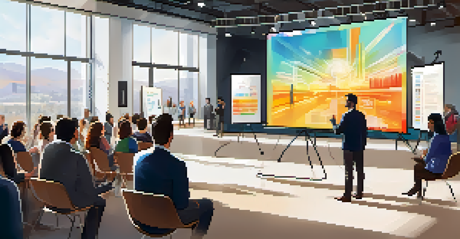 A startup founder presenting at a pitch competition in Denver, with judges and an engaged audience.