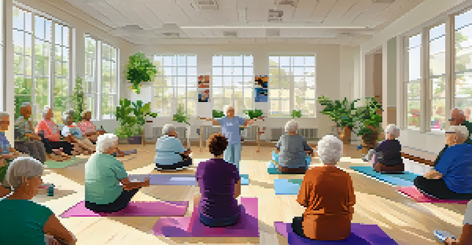A senior volunteer conducts an exercise class for elderly participants at a community center, in a bright and inviting room filled with greenery.