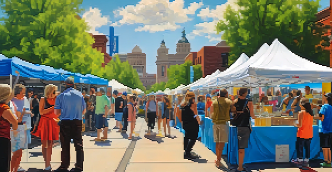 A lively outdoor art festival in Denver with artists showcasing their work and visitors enjoying the vibrant atmosphere.
