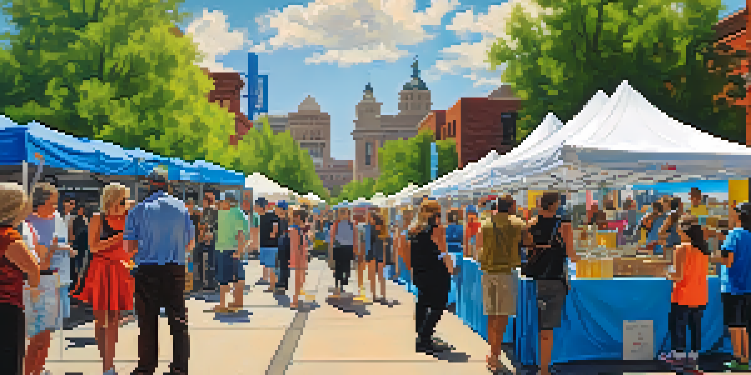 A lively outdoor art festival in Denver with artists showcasing their work and visitors enjoying the vibrant atmosphere.