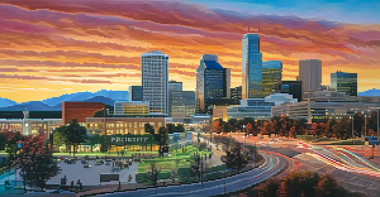 A sunset cityscape of Denver with civic buildings and a group of activists holding signs for social justice in the foreground.