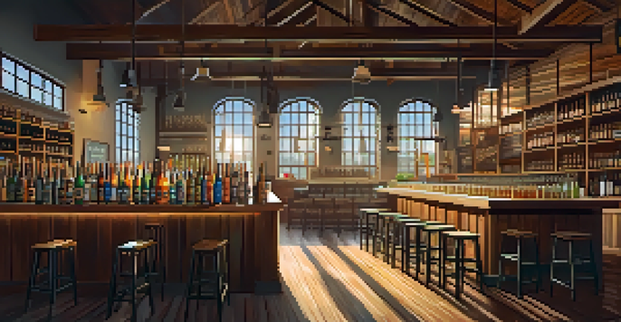A cozy craft brewery with wooden barrels, brewing equipment, and patrons enjoying local craft beer.
