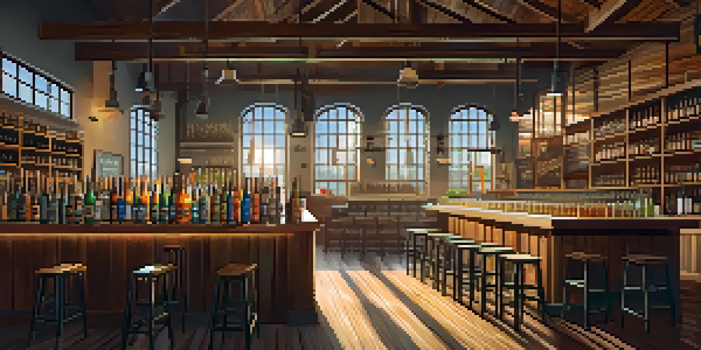A cozy craft brewery with wooden barrels, brewing equipment, and patrons enjoying local craft beer.