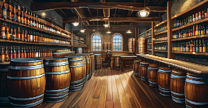 A warm and inviting interior of a craft brewery showcasing barrels, brewing equipment, and colorful beer bottles.