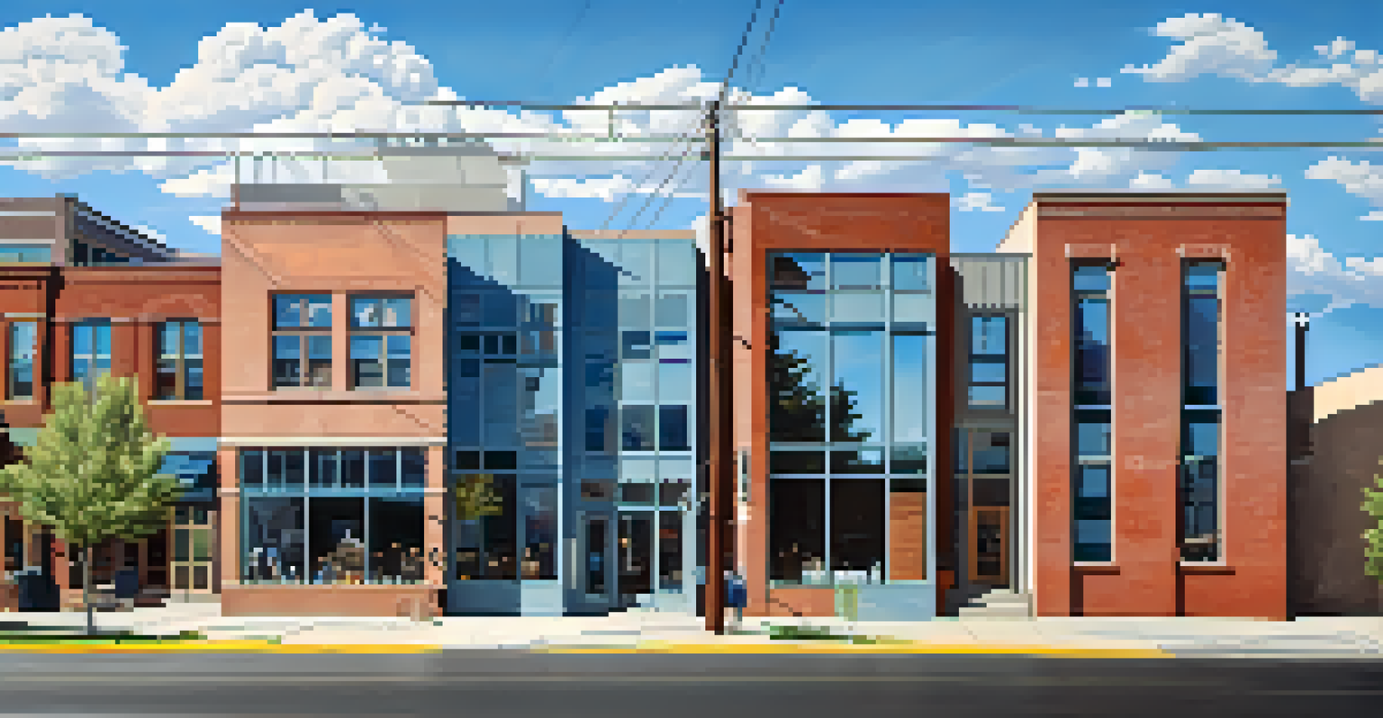 A view of Denver's RiNo district, showcasing modern architecture alongside historic buildings under a clear blue sky, with natural light illuminating the scene.