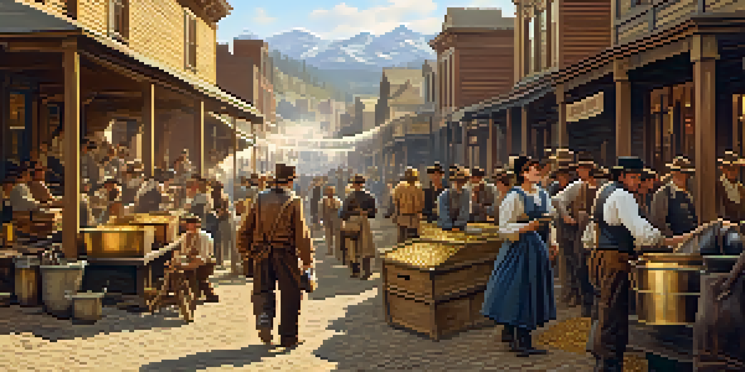 A busy street in 19th century Denver with miners and wooden buildings, showcasing a vibrant market atmosphere.