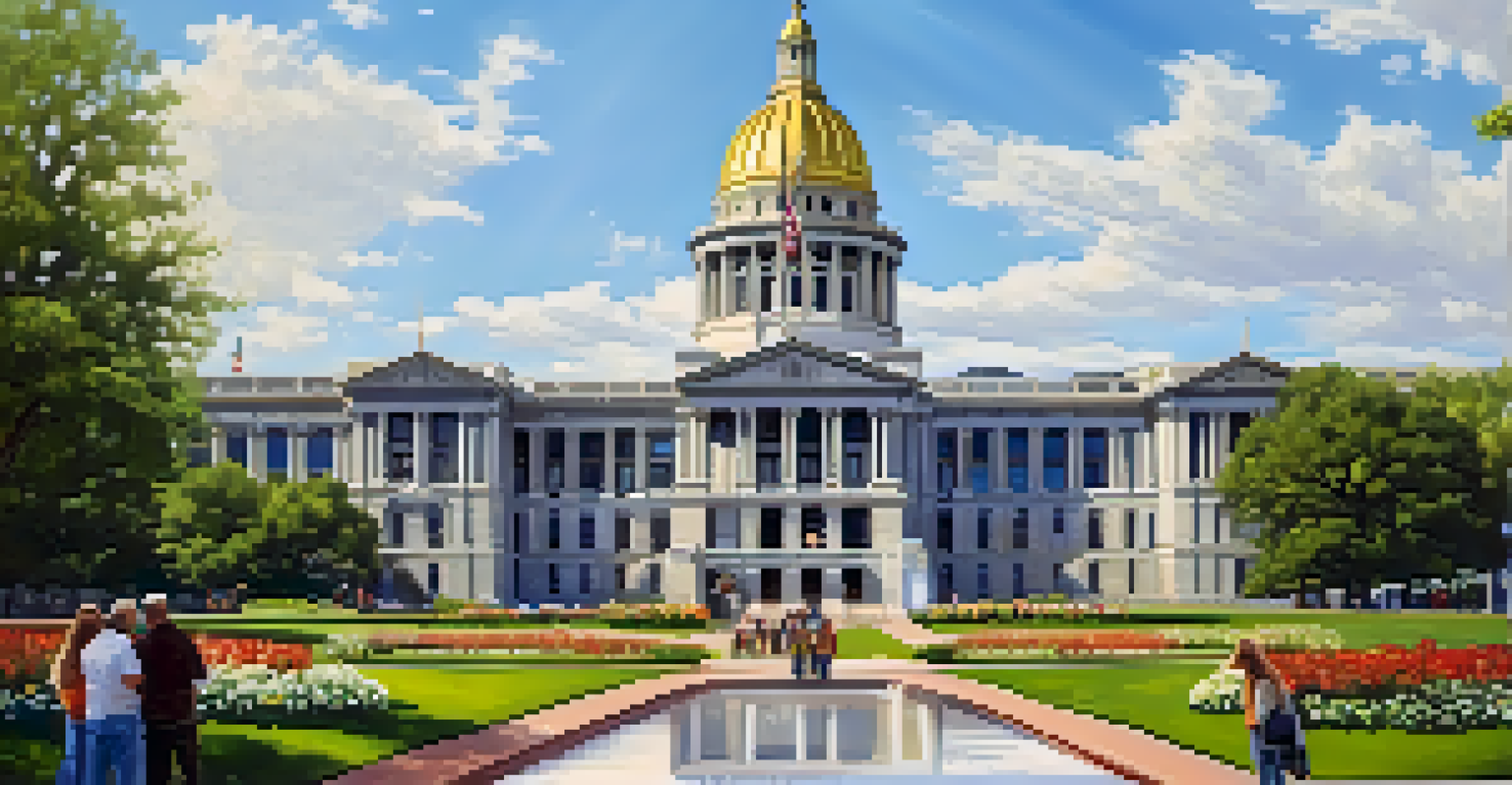 Exterior of Colorado State Capitol building with a golden dome and green lawns in the foreground.
