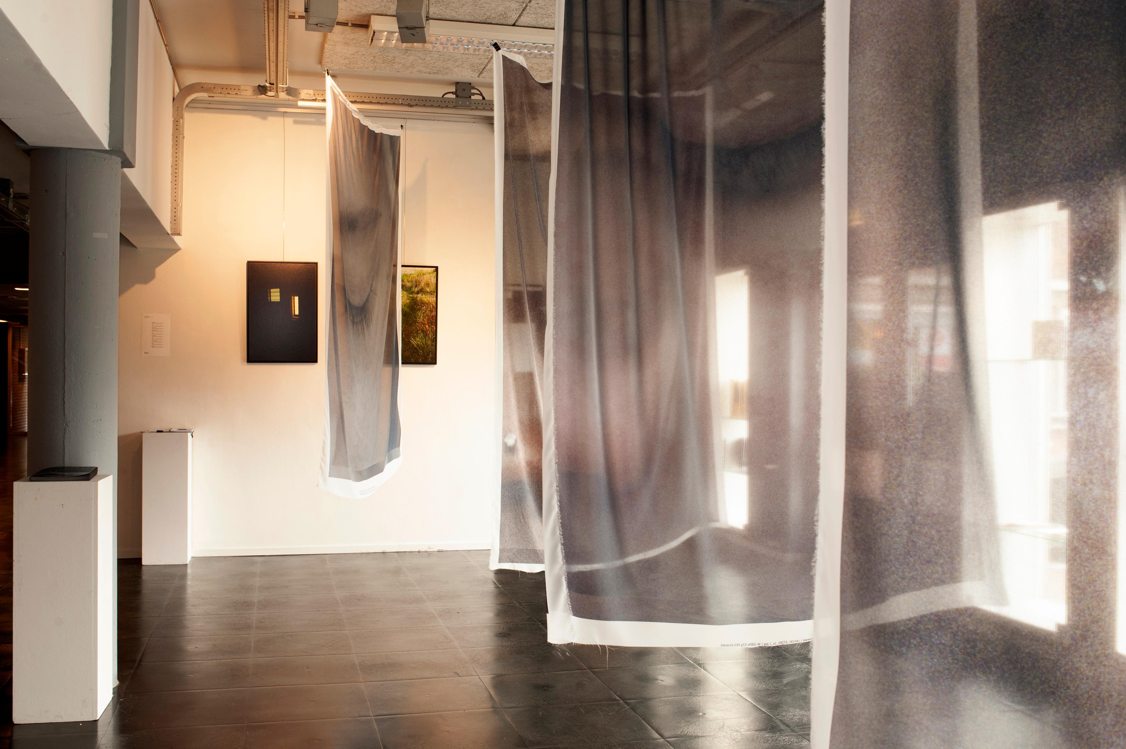Photo of SYNC's exhibit, where photos can be seen on the walls and photos are printed on canvases hanging in the space.