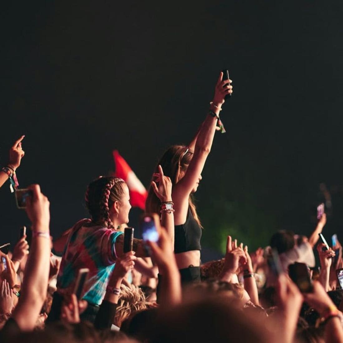 Young people in an audience standing and cheering.
