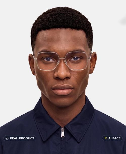 Clear round optical frames on-model portrait, real frames with AI-generated face, gopackshot eyewear