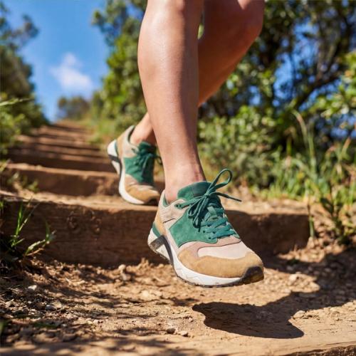 Sneaker outdoor lifestyle photography on trail steps — ecommerce photo GoPackshot