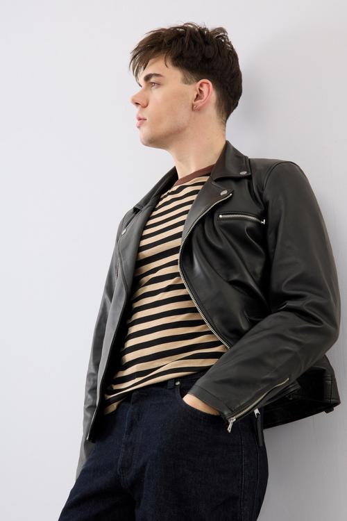 Men's leather biker jacket on-model photography — menswear ecommerce GoPackshot