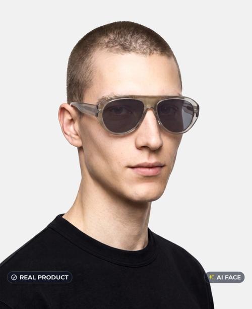 Tinted aviator sunglasses on-model portrait, real frames with AI-generated face, gopackshot eyewear