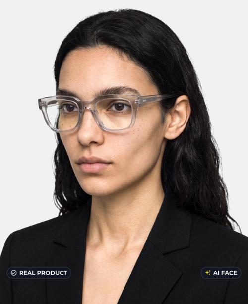 Clear thick-rim optical frames on-model portrait, real frames with AI-generated face, gopackshot eyewear
