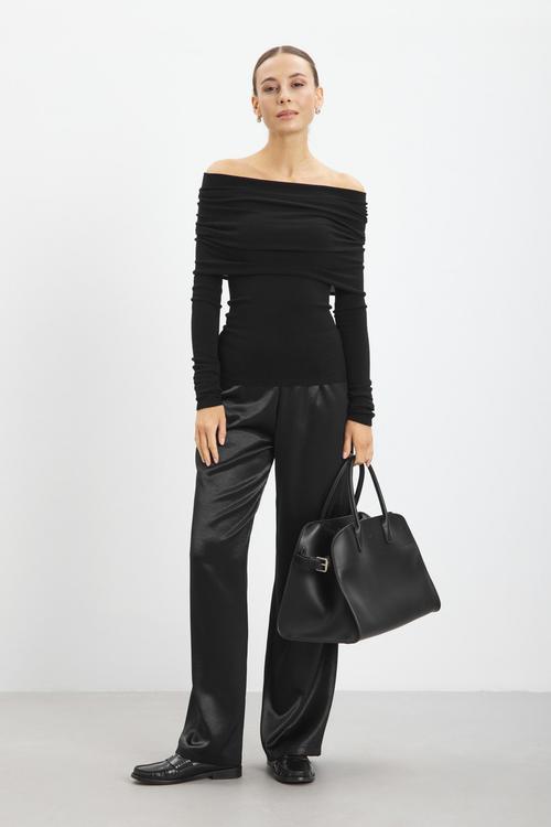 Off-shoulder top on-model photography with tailored trousers — womenswear GoPackshot