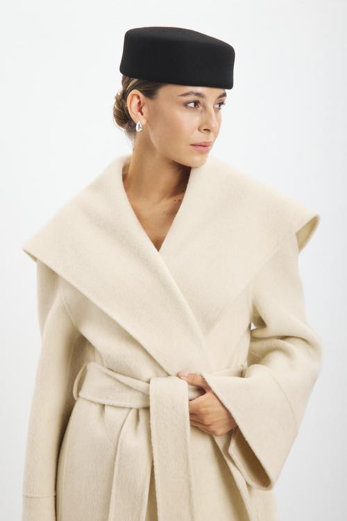 Wool wrap coat collar detail on-model photography — womenswear ecommerce GoPackshot