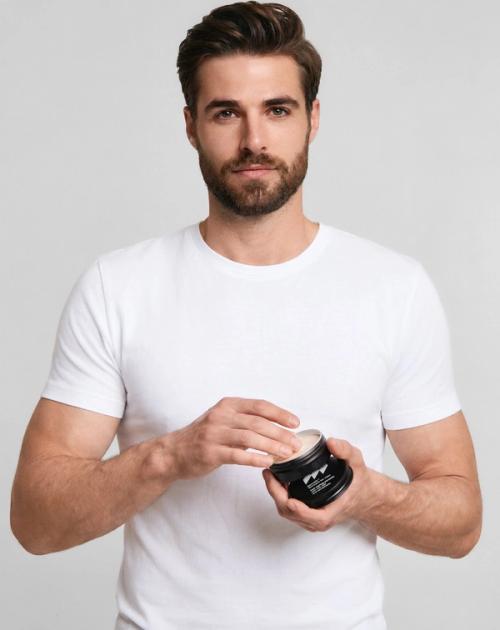 Men's grooming pot held on-model in beauty photography — GoPackshot studio