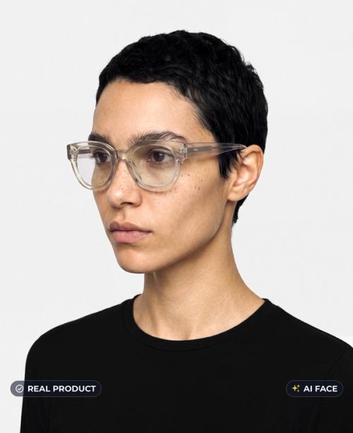 Clear square optical frames on-model portrait, real frames with AI-generated face, gopackshot eyewear