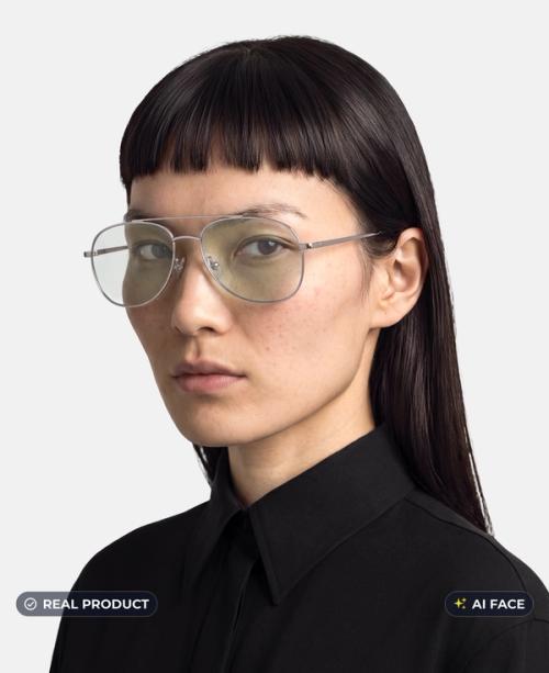 Thin metal tinted frames on-model portrait, real frames with AI-generated face, gopackshot eyewear