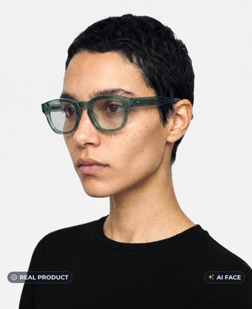 Teal acetate optical frames on-model portrait, real frames with AI-generated face, gopackshot eyewear
